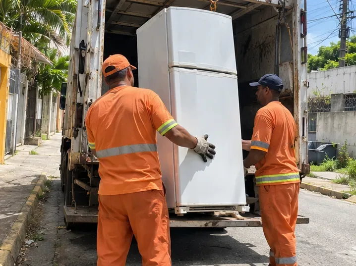 Trabalhadores colocando uma geladeira em um caminhão de coleta em uma rua residencial