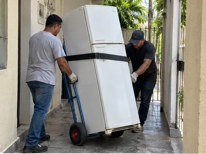 Duas pessoas transportando uma geladeira em carrinho com cinta por uma passagem residencial