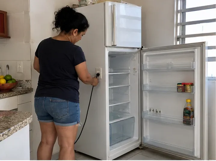 Pessoa desligando e esvaziando uma geladeira branca dentro de uma cozinha antes do descarte