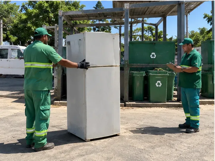 Geladeira usada sendo recebida inteira por trabalhadores em um ponto de entrega de resíduos