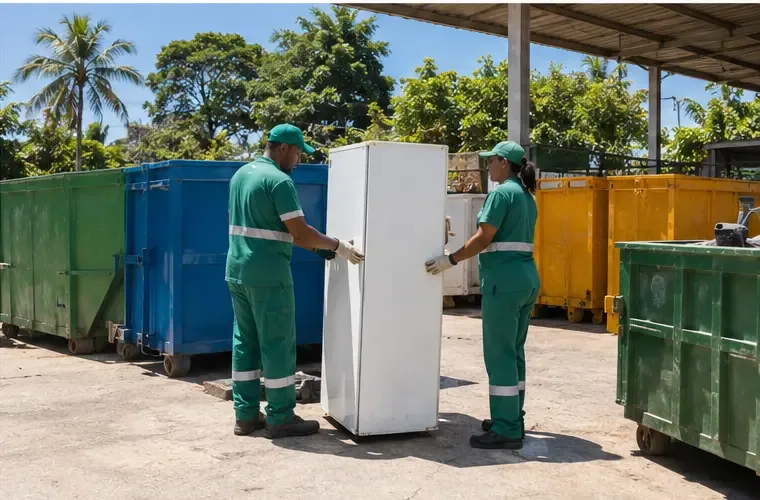 Funcionários recebem uma geladeira em área de entrega com contêineres separados