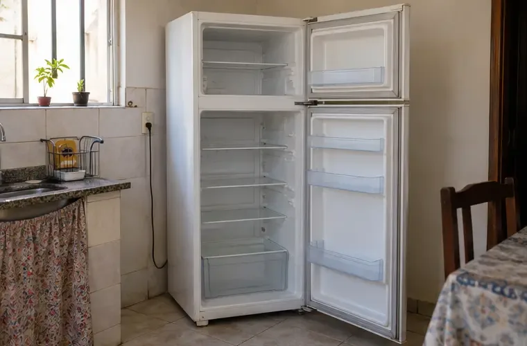 Geladeira vazia e desligada com as portas abertas em uma cozinha brasileira