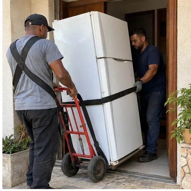 Dois homens usando carrinho e cinta para mover uma geladeira por uma porta