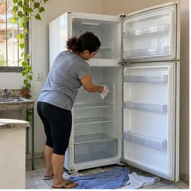 Moradora limpando uma geladeira vazia e desligada, com panos no chão para aparar a água do descongelamento