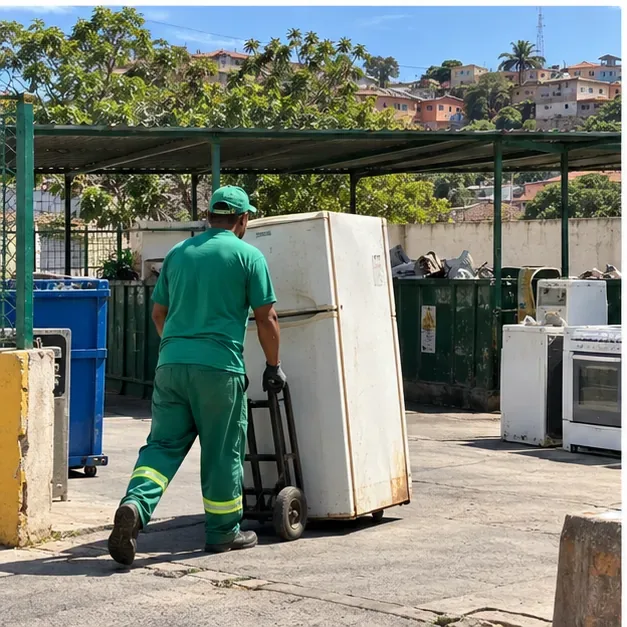 Moradora conversando com entregador ao lado de uma geladeira nova na entrada de casa