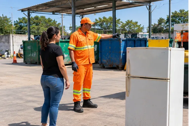 Moradora entregando uma geladeira usada em um ponto de recebimento com funcionário orientando a descarga