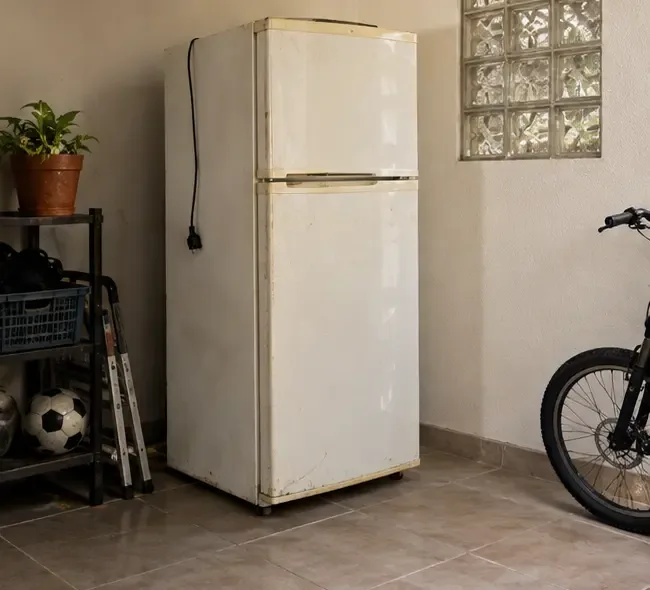 Geladeira antiga desligada e seca em uma área interna protegida
