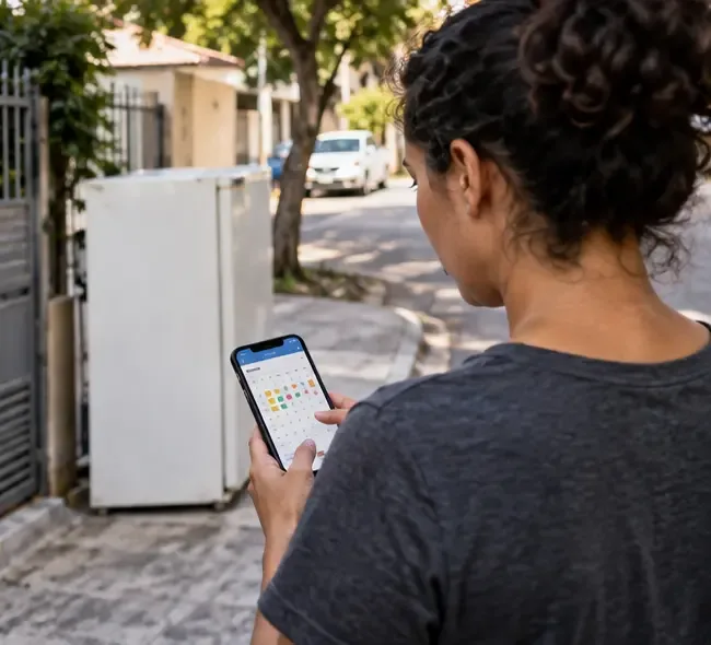 Moradora consulta um calendário no celular enquanto uma geladeira aguarda a coleta