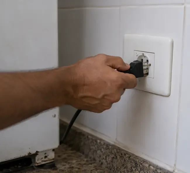 Pessoa retirando a tomada de uma geladeira antiga da parede