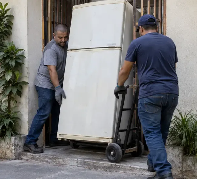 Duas pessoas movem uma geladeira antiga com um carrinho pela entrada de uma residência