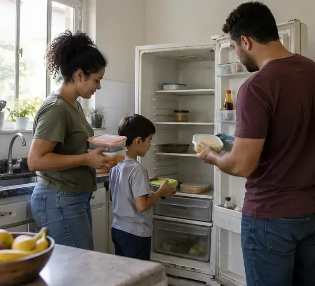 Família retirando alimentos de uma geladeira antiga em uma cozinha