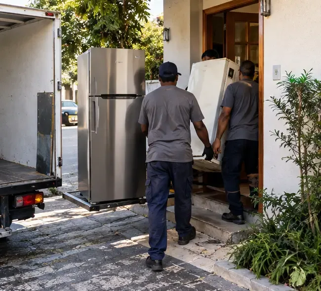 Equipe de entrega retira uma geladeira antiga enquanto outra nova chega em um caminhão
