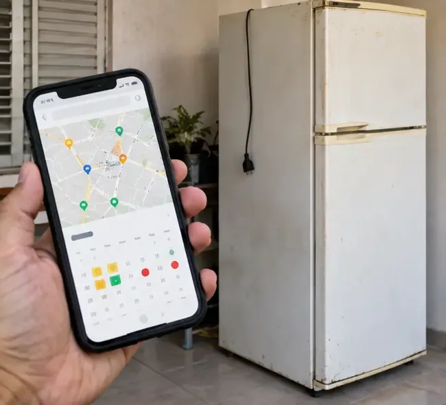Smartphone com mapa e calendário genéricos ao lado de uma geladeira desligada