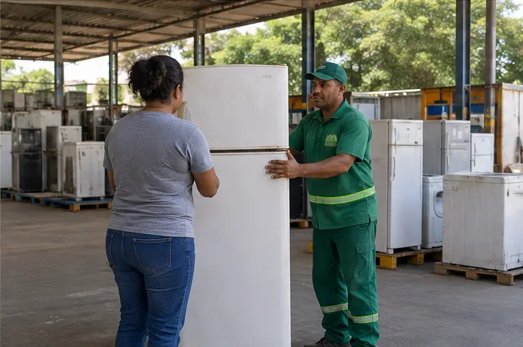Pessoa entregando uma geladeira inteira a trabalhador em área de recebimento de eletrodomésticos usados.