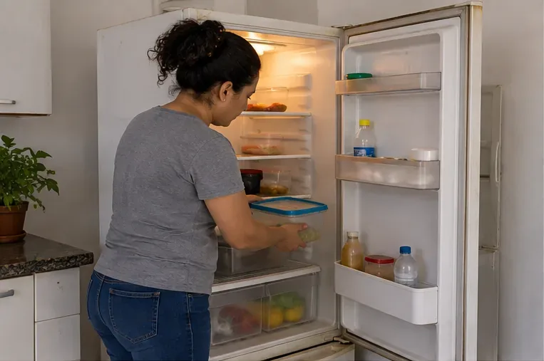 Pessoa retirando alimentos e recipientes de uma geladeira antiga antes do descarte em Teresina.