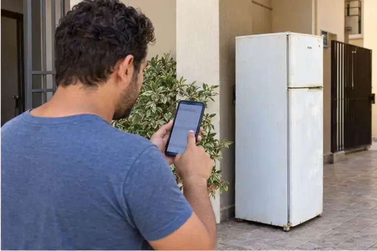 Morador consulta o celular perto de uma geladeira para pedir a coleta de um item volumoso.