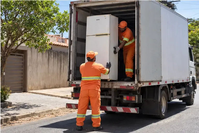 Equipe de coleta coloca uma geladeira na vertical em um caminhão de carroceria fechada.