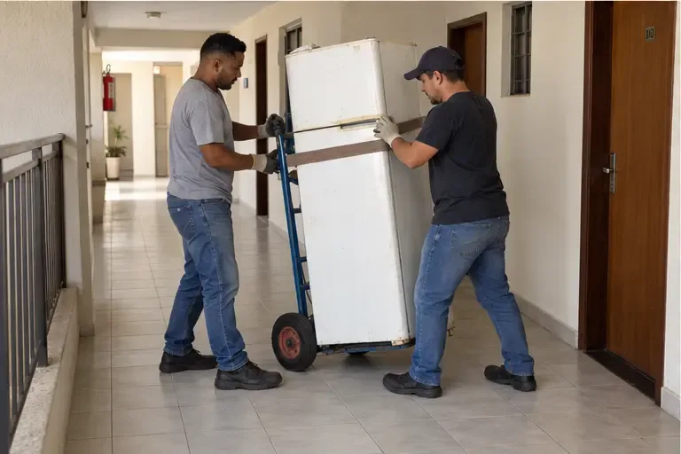 Duas pessoas movimentam uma geladeira na vertical com um carrinho de transporte em um corredor.