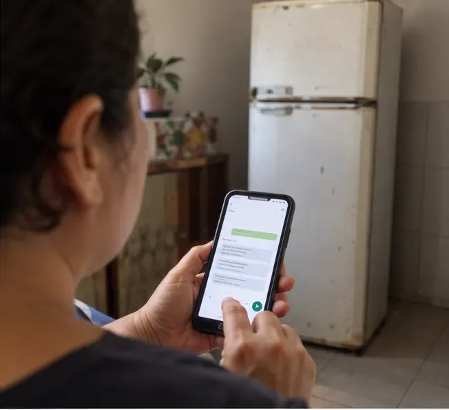 Pessoa usando um celular para organizar a retirada de uma geladeira antiga que aparece ao fundo