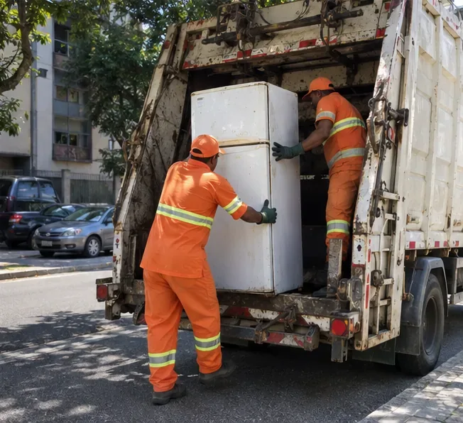 Dois trabalhadores de limpeza urbana carregando uma geladeira antiga inteira para um caminhão de coleta