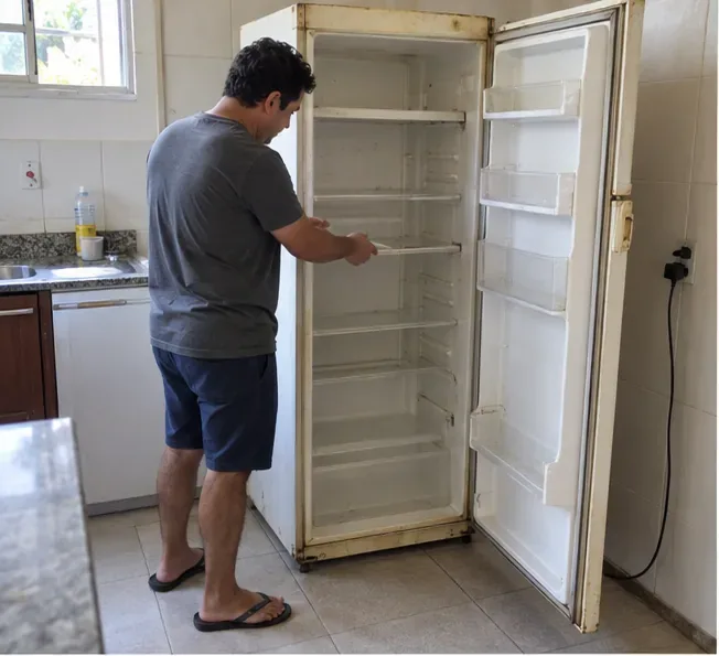 Pessoa esvaziando uma geladeira antiga aberta dentro de uma cozinha antes do descarte