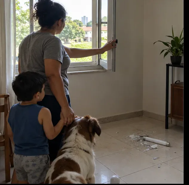 Uma mulher abre a janela enquanto mantém uma criança e um cão afastados de fragmentos de uma lâmpada fluorescente no chão.
