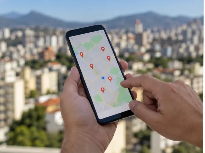 Mãos segurando um celular com um mapa e marcadores de locais de coleta, com Belo Horizonte ao fundo