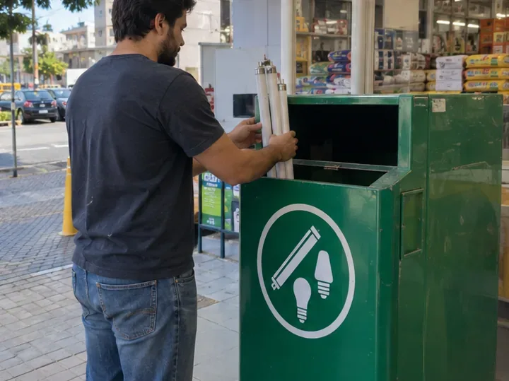 Pessoa colocando lâmpadas fluorescentes tubulares em um coletor específico para lâmpadas diante de um comércio