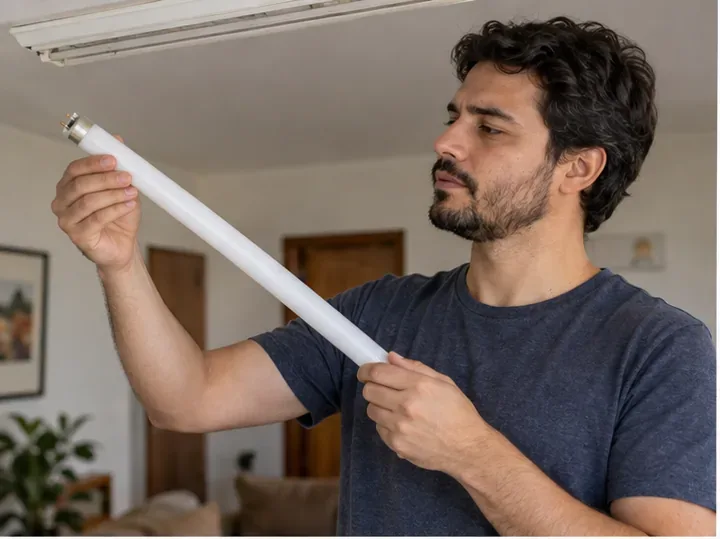 Pessoa segurando cuidadosamente uma lâmpada fluorescente tubular intacta dentro de casa
