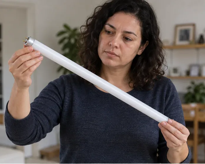 Uma pessoa examina cuidadosamente uma lâmpada fluorescente tubular usada antes de prepará-la para descarte.