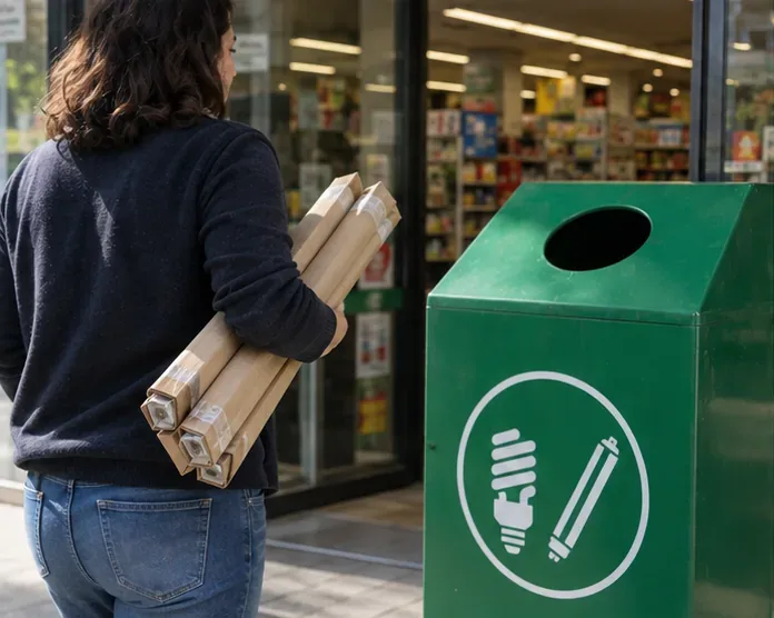 Uma pessoa leva lâmpadas fluorescentes embaladas até um coletor de logística reversa instalado em frente a um estabelecimento comercial.
