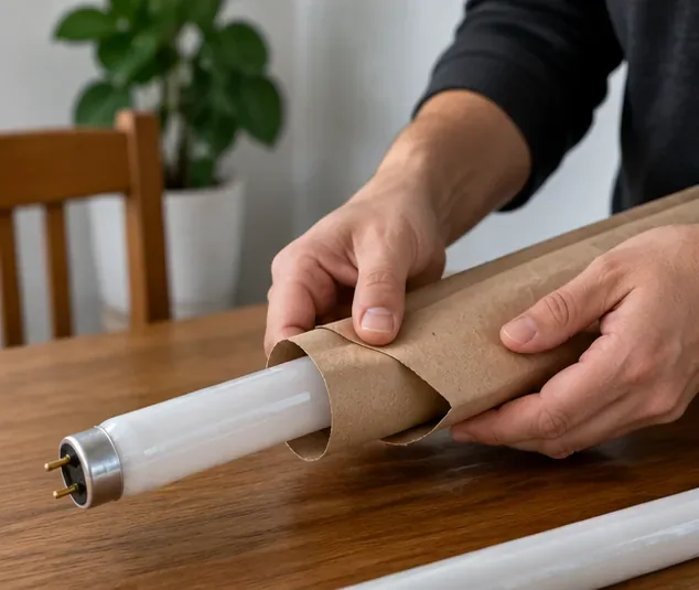 Pessoa envolvendo cuidadosamente uma lâmpada fluorescente tubular com papel protetor sobre uma mesa