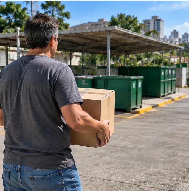 Homem carregando uma caixa fechada em direção a uma área organizada de recebimento de resíduos