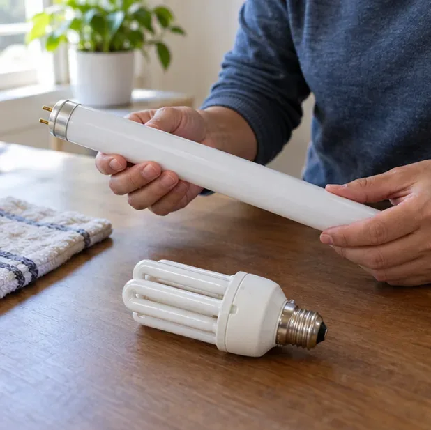 Pessoa examinando uma lâmpada fluorescente tubular intacta sobre uma mesa, ao lado de uma lâmpada fluorescente compacta