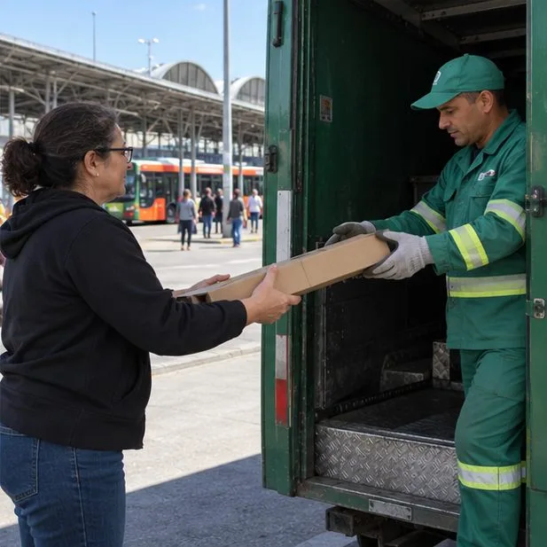 Uma moradora entrega a um funcionário uma embalagem de papelão com uma lâmpada fluorescente protegida, ao lado de um veículo de coleta