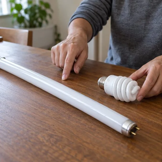 Uma pessoa compara uma lâmpada tubular fluorescente e uma lâmpada compacta em espiral sobre uma mesa
