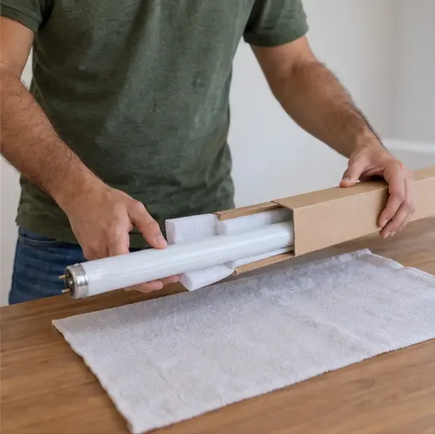 Mãos colocando uma lâmpada fluorescente tubular inteira em uma embalagem de papelão com material macio de proteção