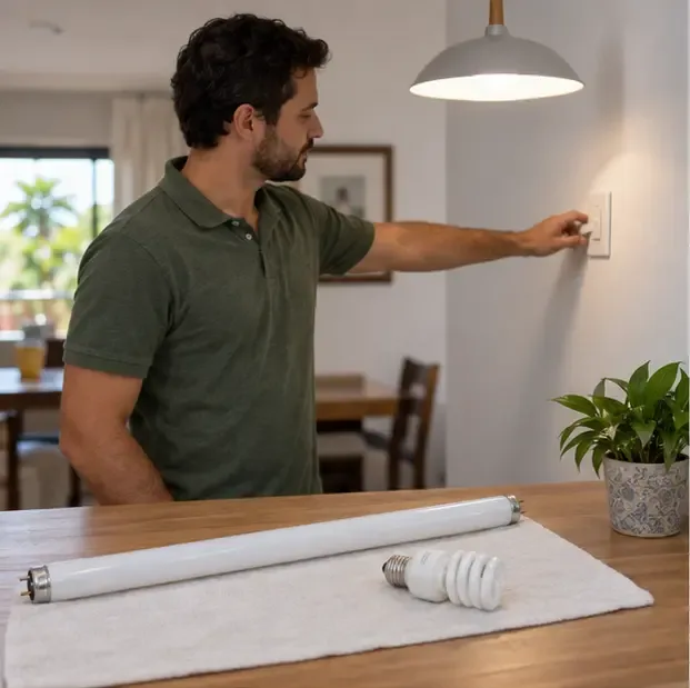 Pessoa desligando o interruptor enquanto uma lâmpada fluorescente tubular e uma fluorescente compacta estão sobre uma mesa