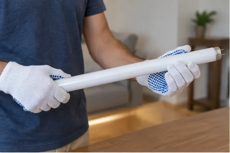 Pessoa com luvas segurando cuidadosamente um tubo fluorescente inteiro pelas extremidades