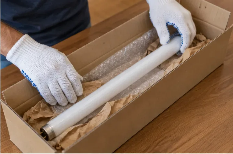Tubo fluorescente acomodado dentro de uma caixa de papelão com material de proteção