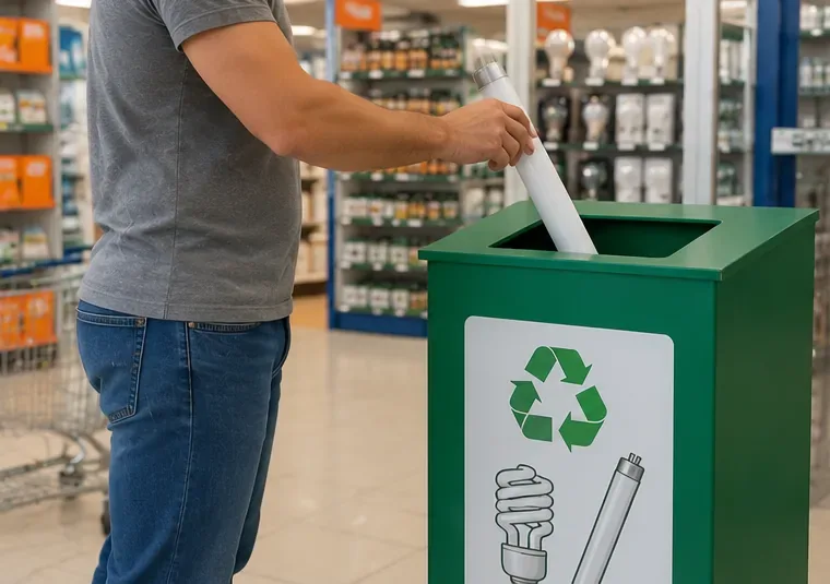 Pessoa colocando uma lâmpada fluorescente tubular em um coletor verde específico dentro de uma loja