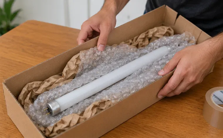 Lâmpada fluorescente tubular acomodada em caixa de papelão com material de proteção ao redor