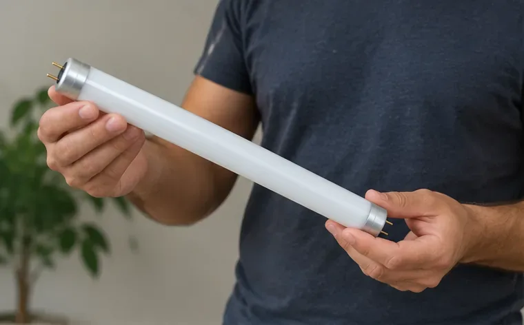 Pessoa segurando cuidadosamente uma lâmpada fluorescente tubular inteira pelas extremidades