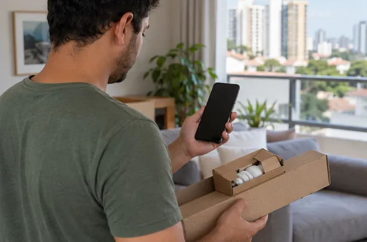 Pessoa segura uma caixa de papelão com lâmpadas protegidas e consulta um celular de tela escura em casa.