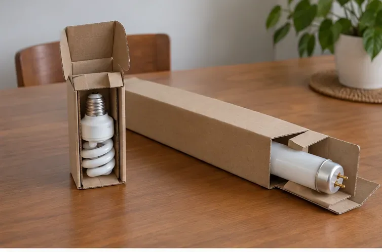 Uma fluorescente compacta e um tubo fluorescente inteiro aparecem separados em embalagens de papelão sobre uma mesa.