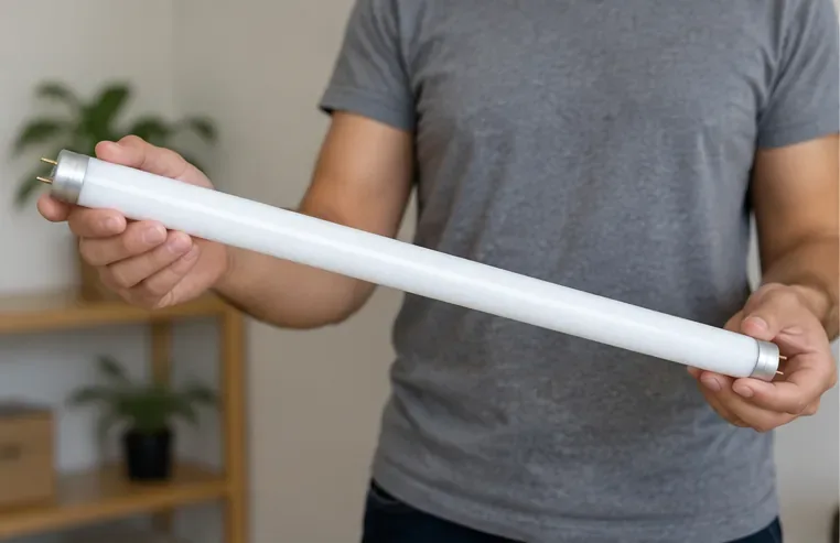 Pessoa segurando cuidadosamente uma lâmpada fluorescente tubular inteira pelas extremidades