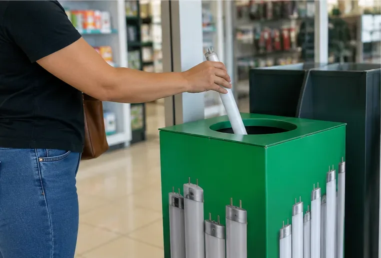 Pessoa colocando uma lâmpada fluorescente tubular em coletor específico para lâmpadas dentro de estabelecimento comercial