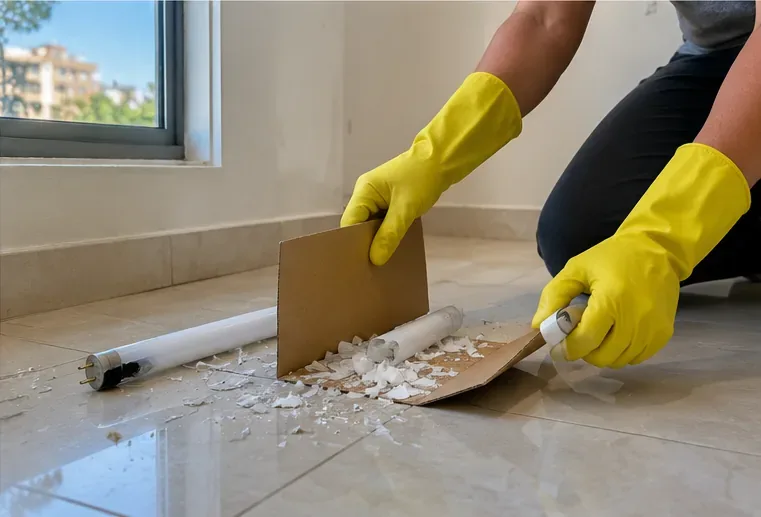 Pessoa com luvas recolhendo cuidadosamente cacos de uma lâmpada fluorescente quebrada com pedaços de papelão perto de uma janela aberta