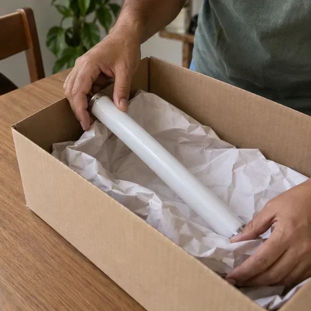 Mãos colocando um tubo fluorescente íntegro em uma caixa de papelão rígida com papel de proteção