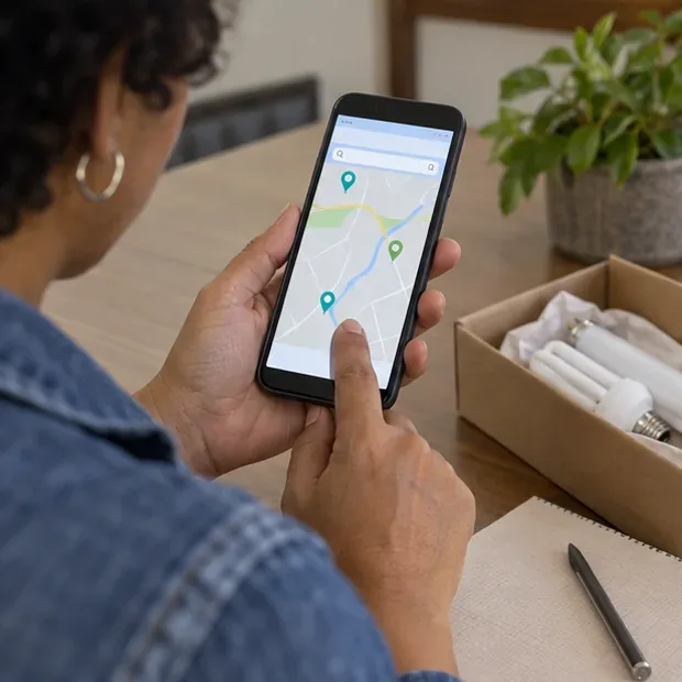 Pessoa consultando no celular um mapa genérico de pontos de entrega enquanto uma caixa com lâmpadas está sobre a mesa